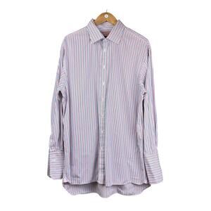 Thomas Pink 17.5-35.5 Men’s Blue Orange Stripe Long Sleeve Cuff Button Up Shirt